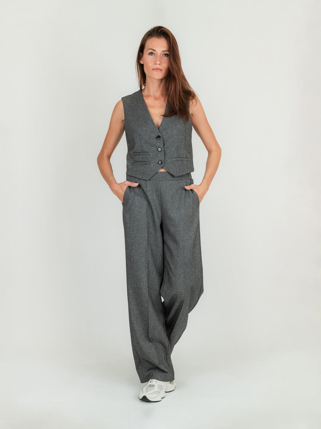 PANTALONE A PALAZZO GRIGIO MELANGE P4L0IEI NERO ANDREA MORANDO 