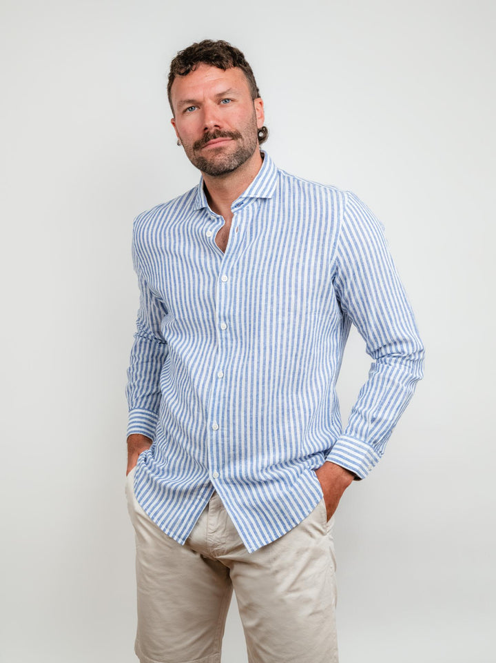CAMICIA IN LINO E COTONE A RIGHE BIANCHE E BLUETTE