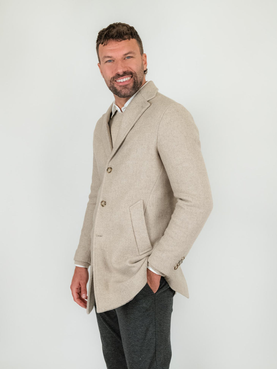 CAPPOTTO MONOPETTO BEIGE IN LANA GRACCHIO BEIGE ANDREA MORANDO 