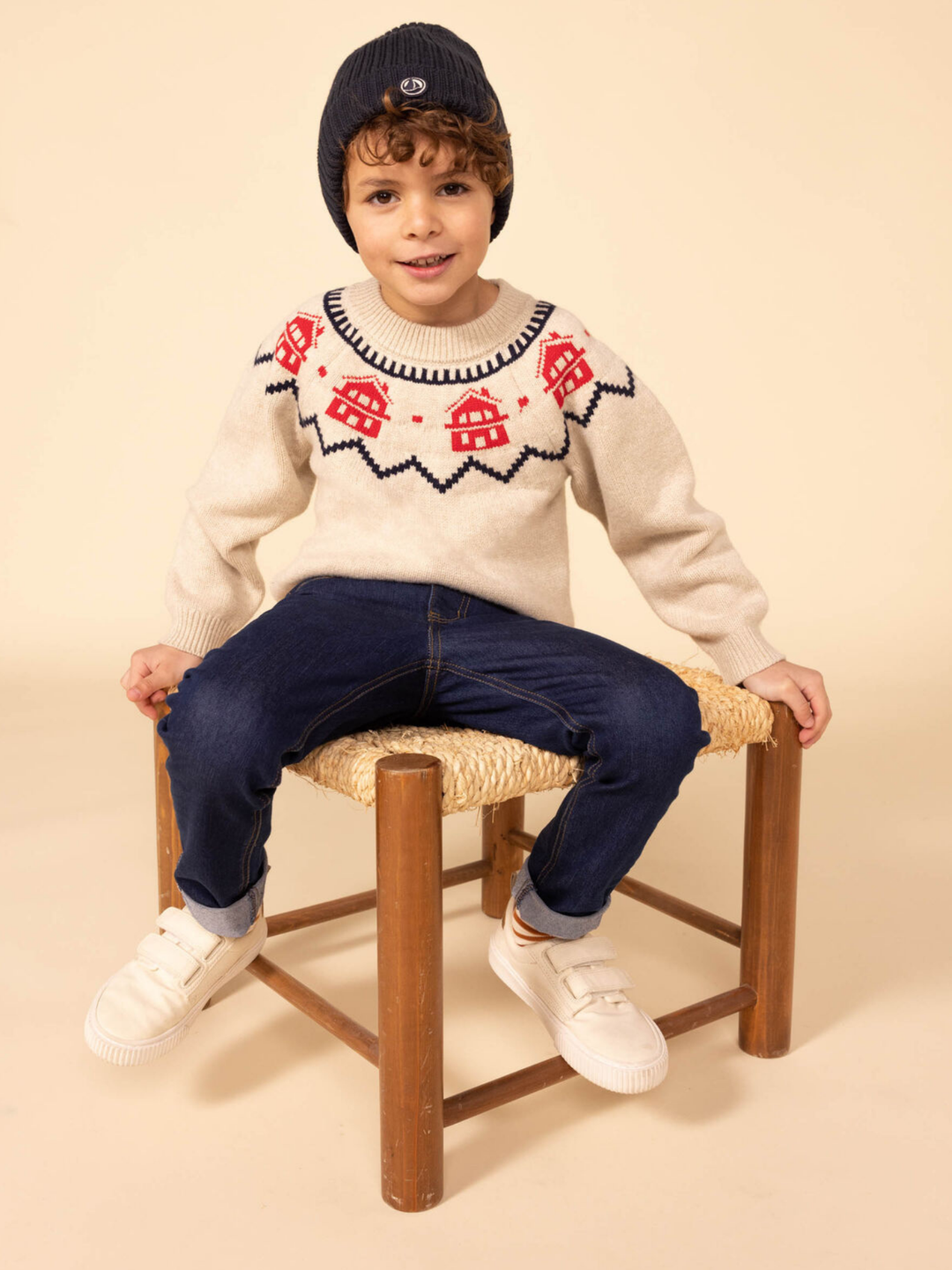 PULLOVER JAQUARD BAMBINO IN LANA E COTONE A082W 01 PETIT BATEAU 