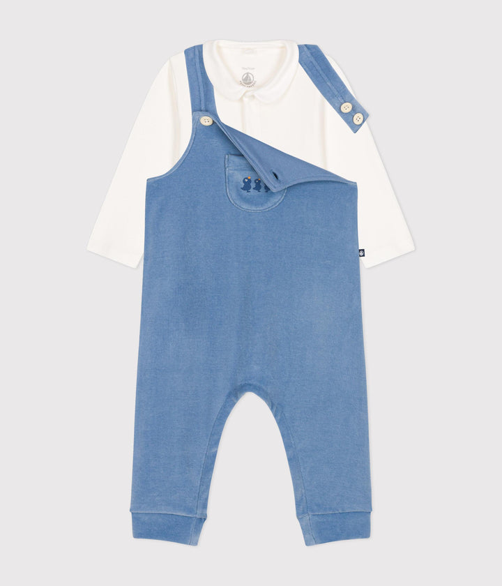 Completo salopette blu fantasia pulcini in velluto bebè A0BN8 01 PETIT BATEAU 