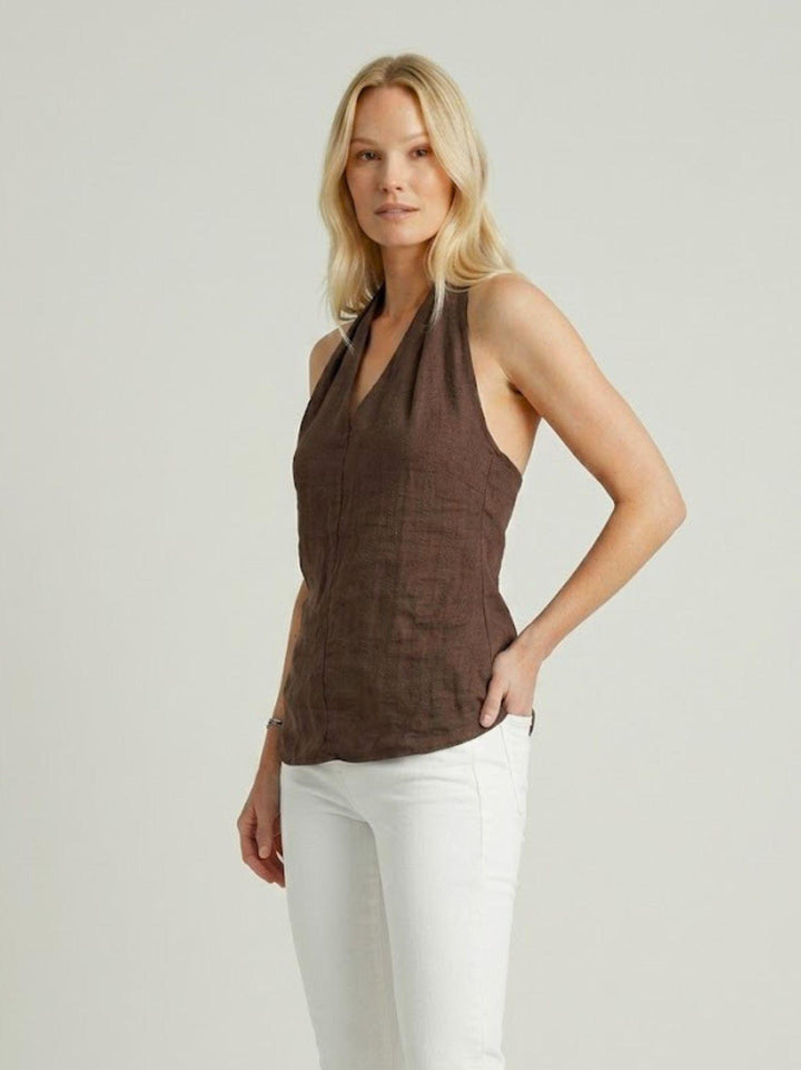 Top con scollo a V in lino tabacco 6TS0527 TABACCO ANDREA MORANDO 