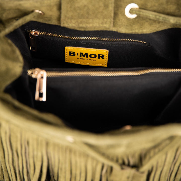 BORSA A SECCHIELLO CON FRANGE IN CAMOSCIO VERDE MILITARE "WILD" WILD VERDE MILITARE BIMOR 