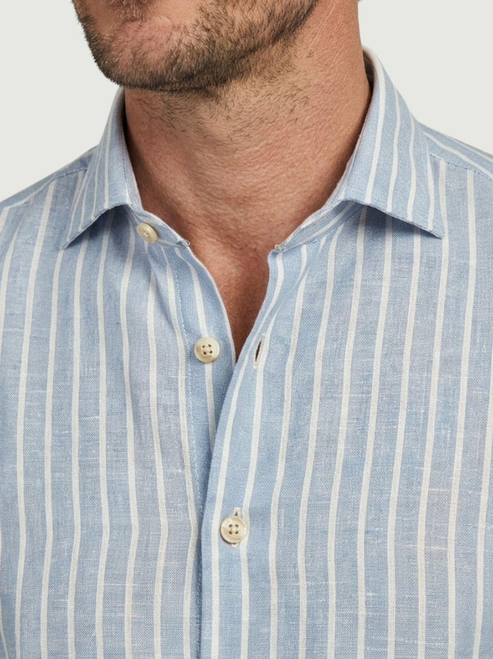 Camicia in lino azzurra con righe bianche BU26S02CALINCOT416 240 ANDREA MORANDO 