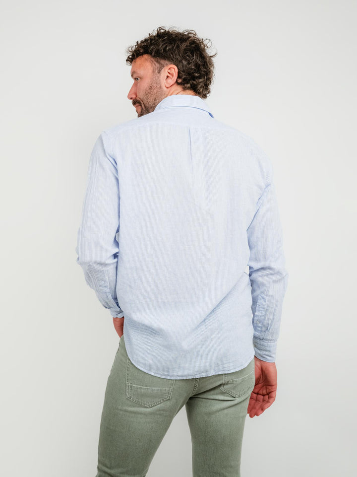 CAMICIA IN LINO E COTONE A RIGHE BIANCHE E AZZURRE