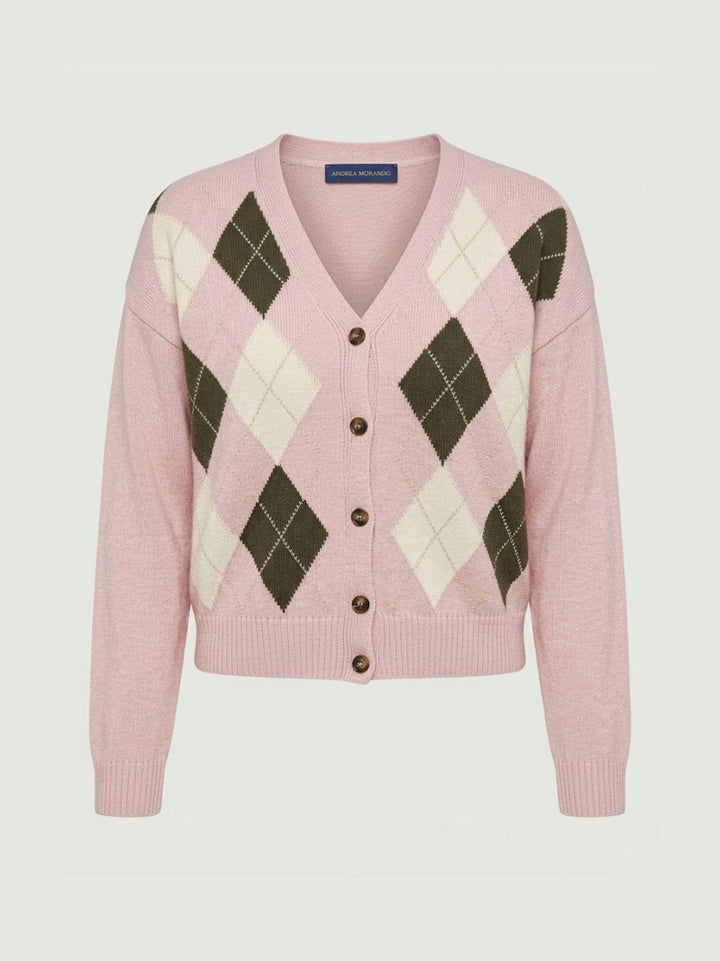 Cardigan con fantasia a rombi in cotone rosa D90106 ROSA/PANNA ANDREA MORANDO 