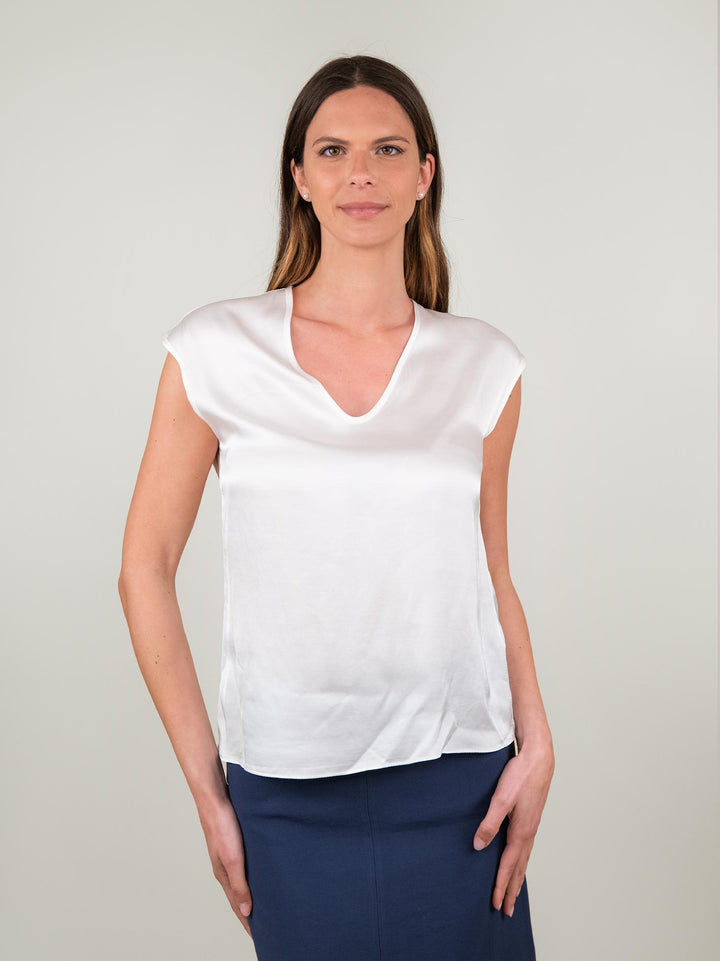 BLUSA CON SCOLLO A V E MANICA CORTA IN RASO BIANCA M9827 BIANCO ANDREA MORANDO 