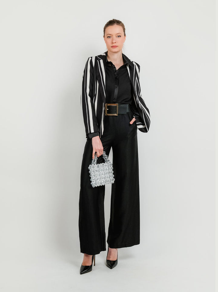 BLAZER MONOPETTO NERO A RIGHE PANNA