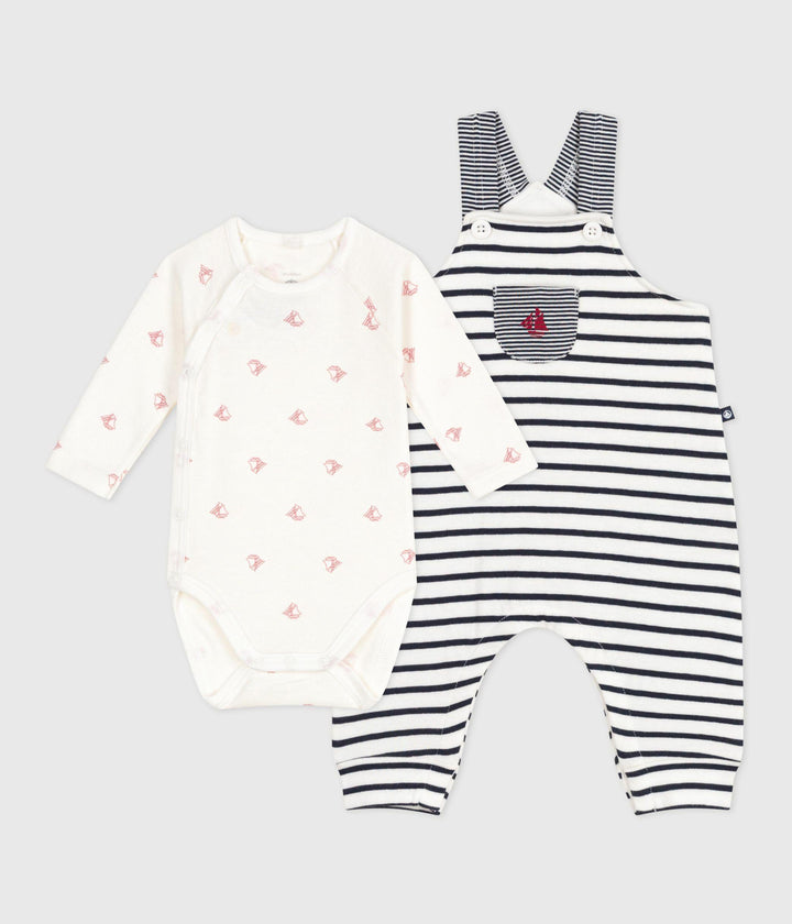 Set composto da salopette a righe marinière e body con stampa neonato A0ECT 01 PETIT BATEAU 