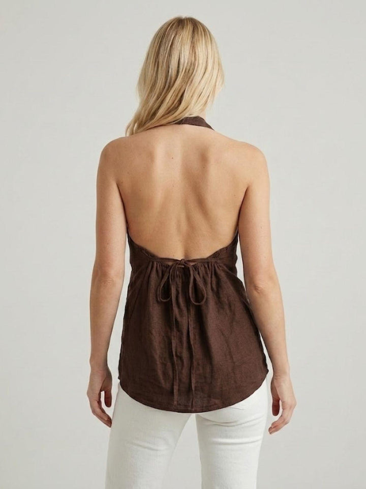 Top con scollo a V in lino tabacco 6TS0527 TABACCO ANDREA MORANDO 