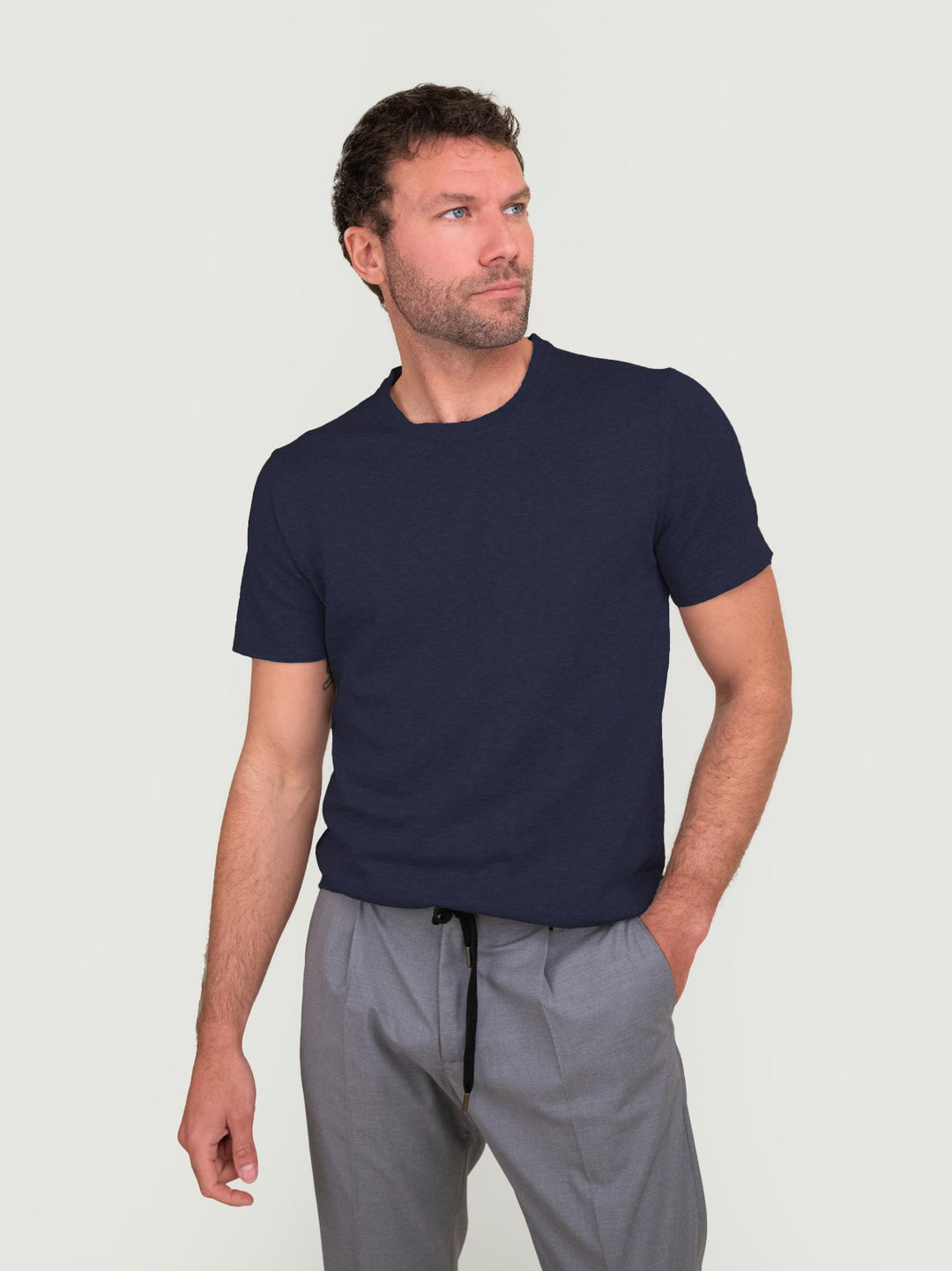 T-SHIRT GIROCOLLO IN MAGLIA DI COTONE BLU NAVY OF1S2S4M009M 174 ANDREA MORANDO 