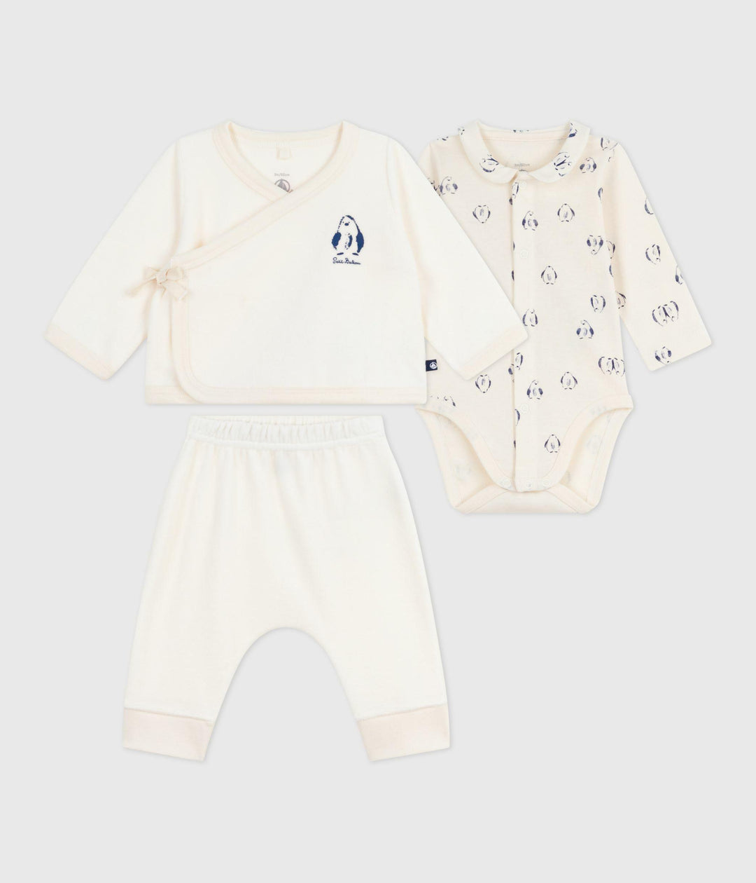 Set 3 pezzi neonato con coprispalle e body con pinguini stampati A0EKU 01 PETIT BATEAU 