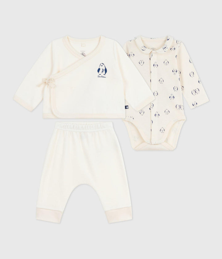 Set 3 pezzi neonato con coprispalle e body con pinguini stampati A0EKU 01 PETIT BATEAU 