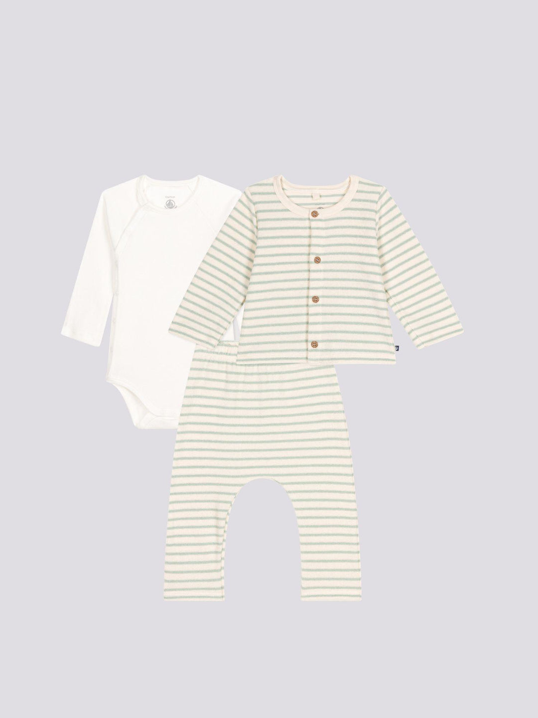 COMPLETO 3 PEZZI BEBÈ IN SPUGNA BOUCLETTE A RIGHE A09HW 01 PETIT BATEAU 