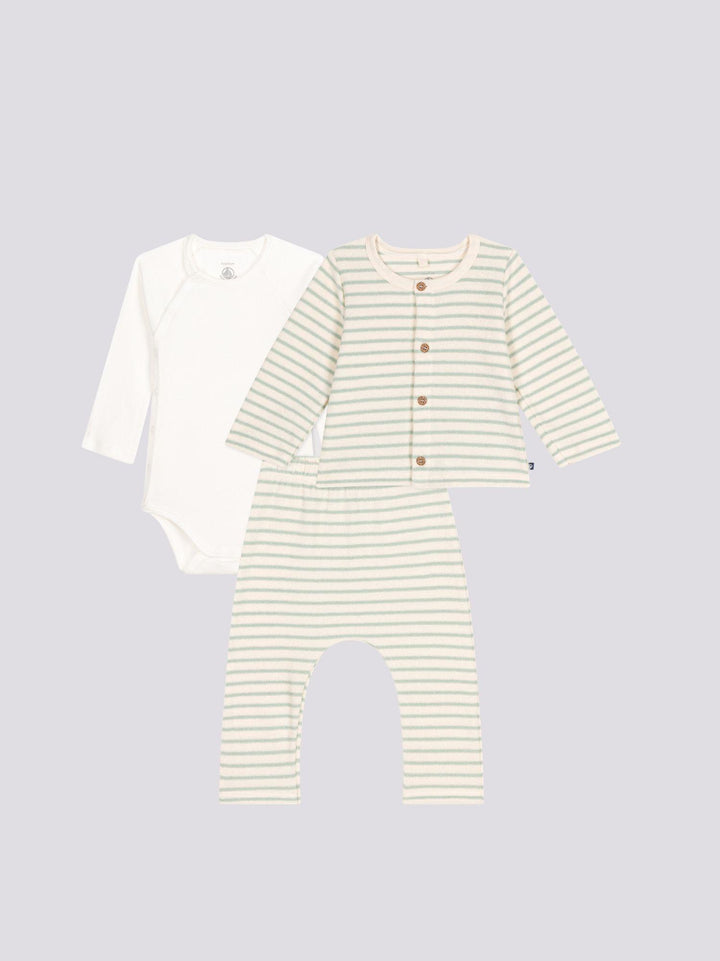 COMPLETO 3 PEZZI BEBÈ IN SPUGNA BOUCLETTE A RIGHE A09HW 01 PETIT BATEAU 