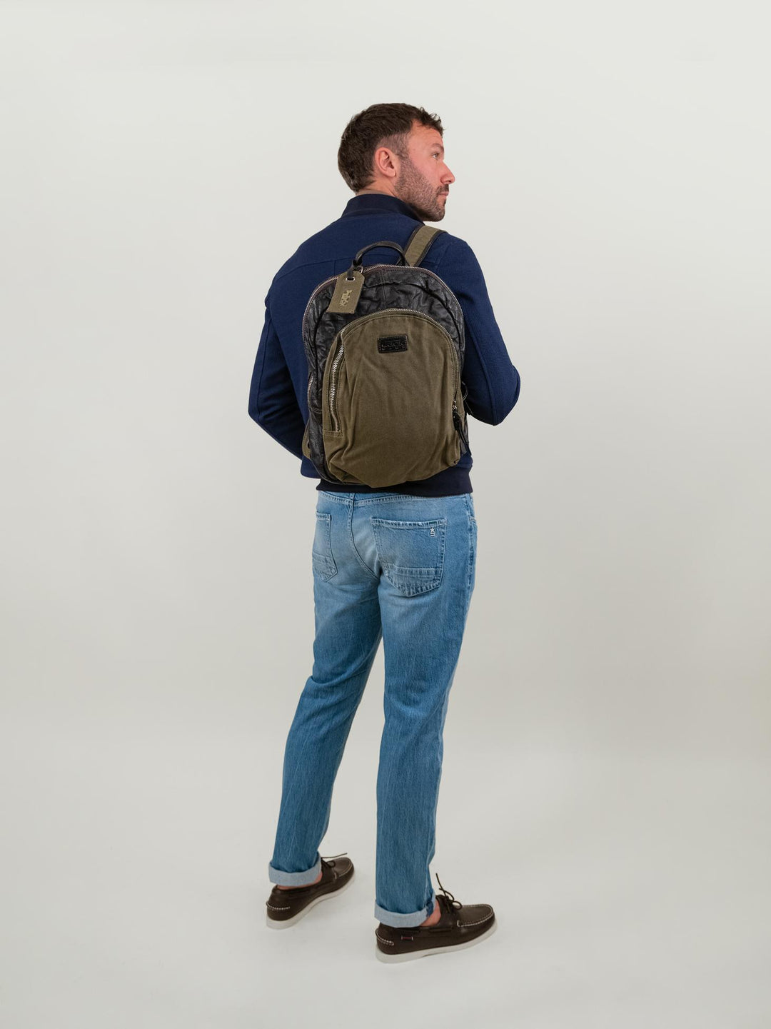 ZAINO IN PELLE EFFETTO USED DARK BROWN E TESSUTO FANGO. SURRENDER MIX 504 JACK LEATHER 