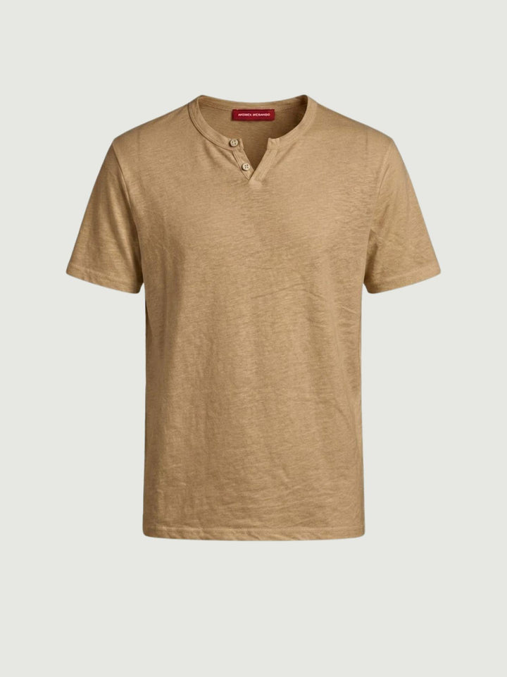 T-shirt collo serafino in misto lino color cammello 6TS0358 FANGO ANDREA MORANDO 
