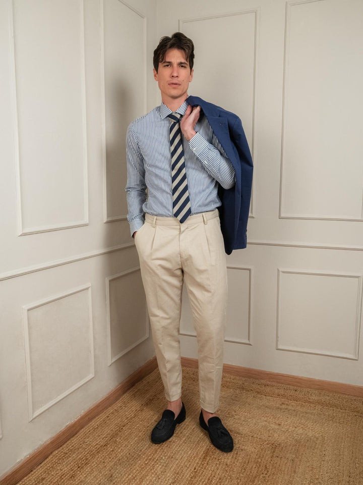 PANTALONE CON PENCES MISTO LINO BEIGE