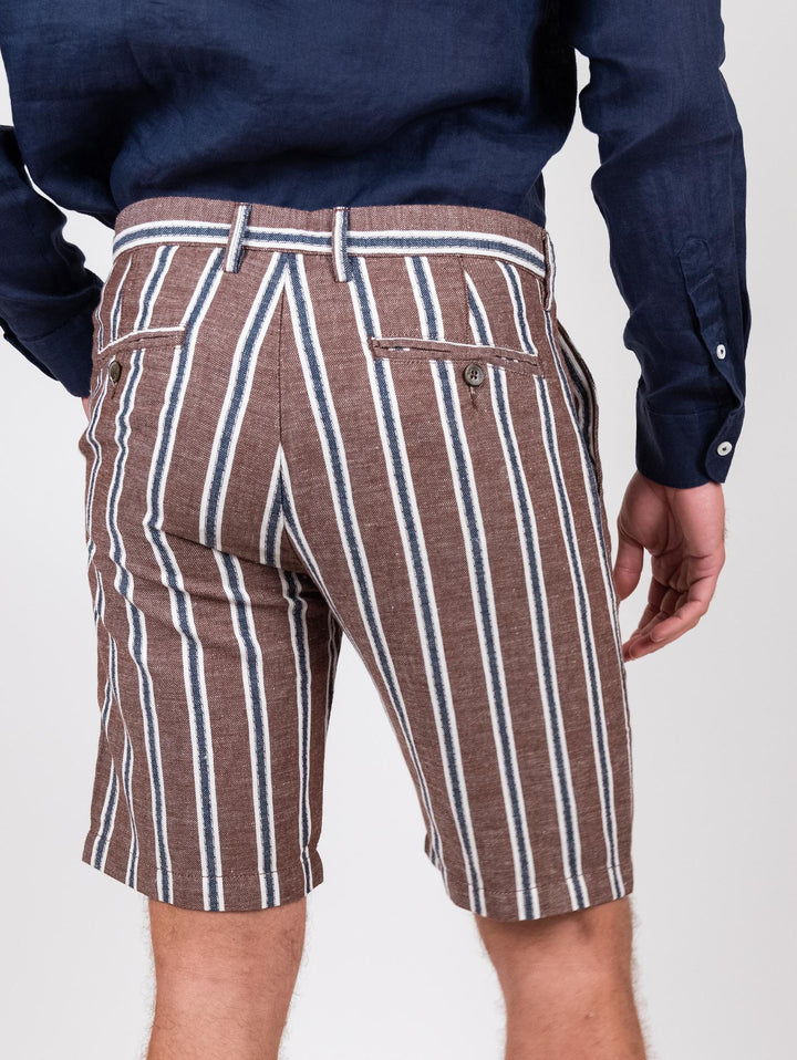 Bermuda in lino e cotone a righe marrone blu