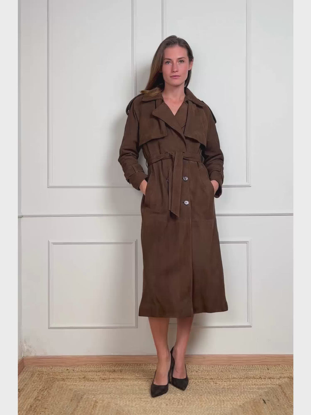 TRENCH LUNGO IN CAMOSCIO