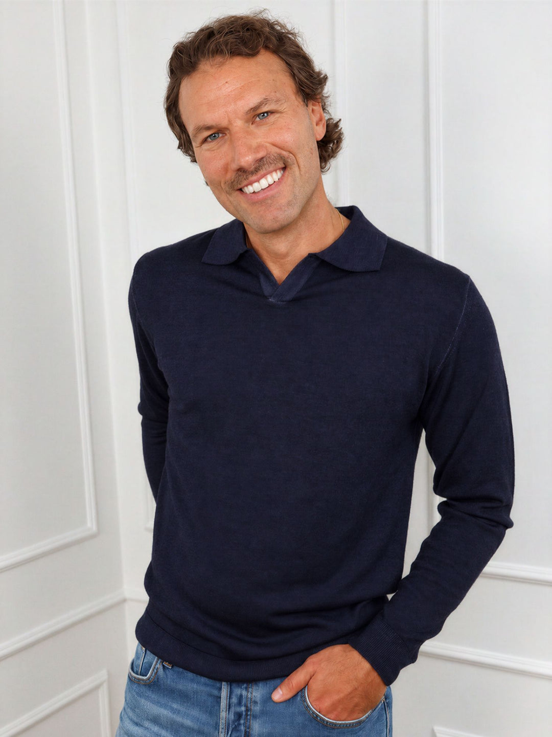 Maglia polo in lana merino 100% extrafine blu