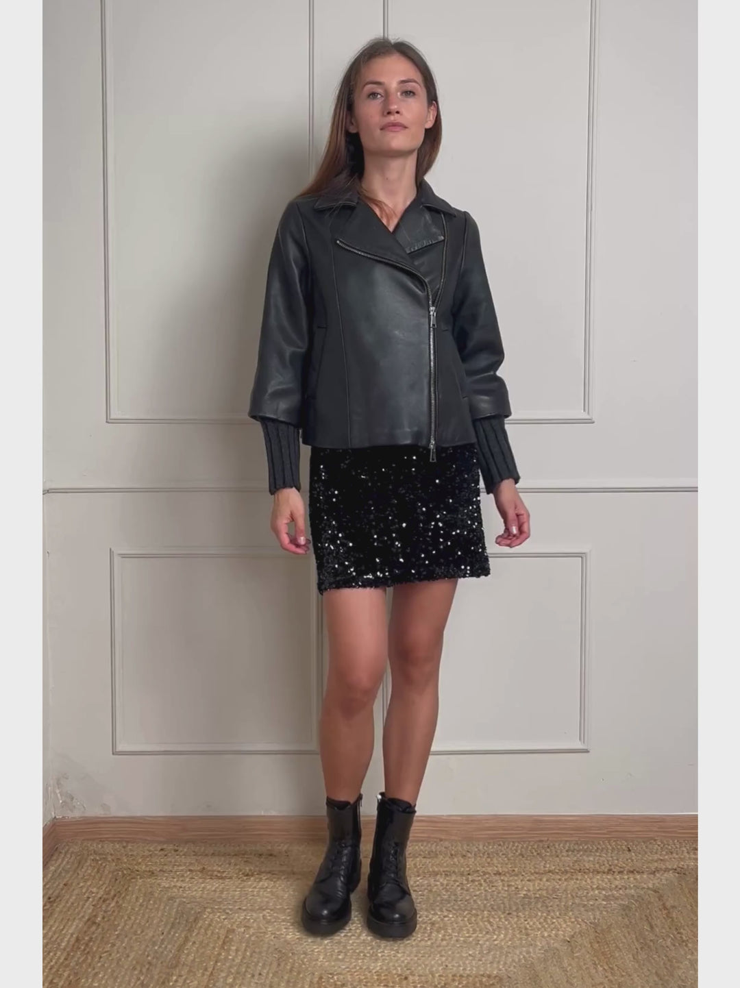 GIACCA GEMINI IN PELLE NERA CON MANICHE IN MAGLIA