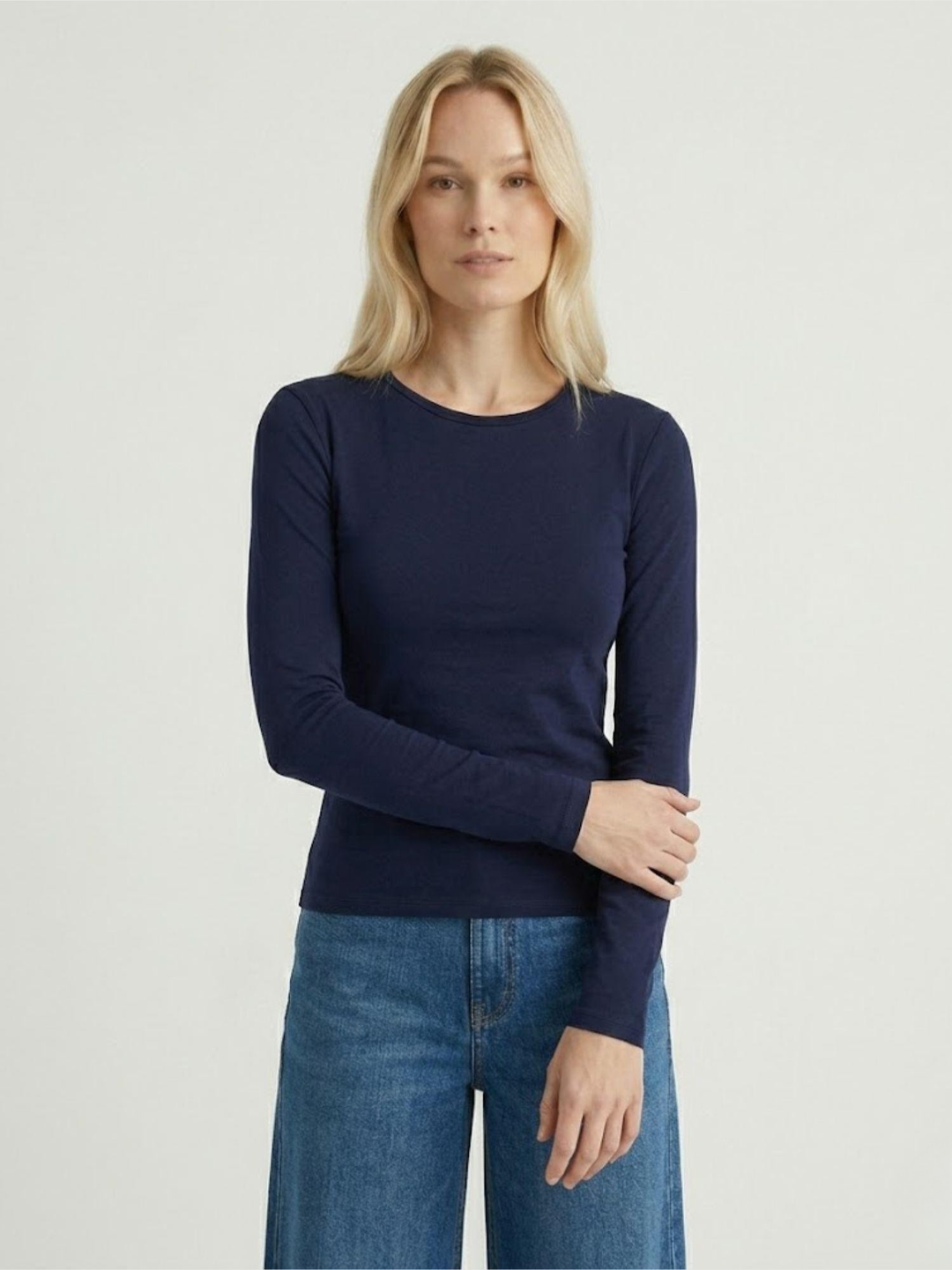 T-shirt manica lunga girocollo in cotone blu